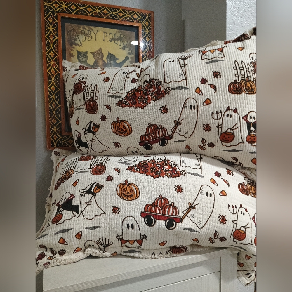 2) Cynthia Rowley Ghost Pillow Fall Trick or Treat Pumpkins Halloween NEW